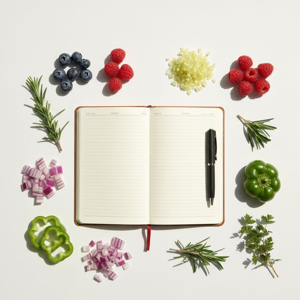 Overhead view of open notebook with pen and fresh produce including berries and herbs