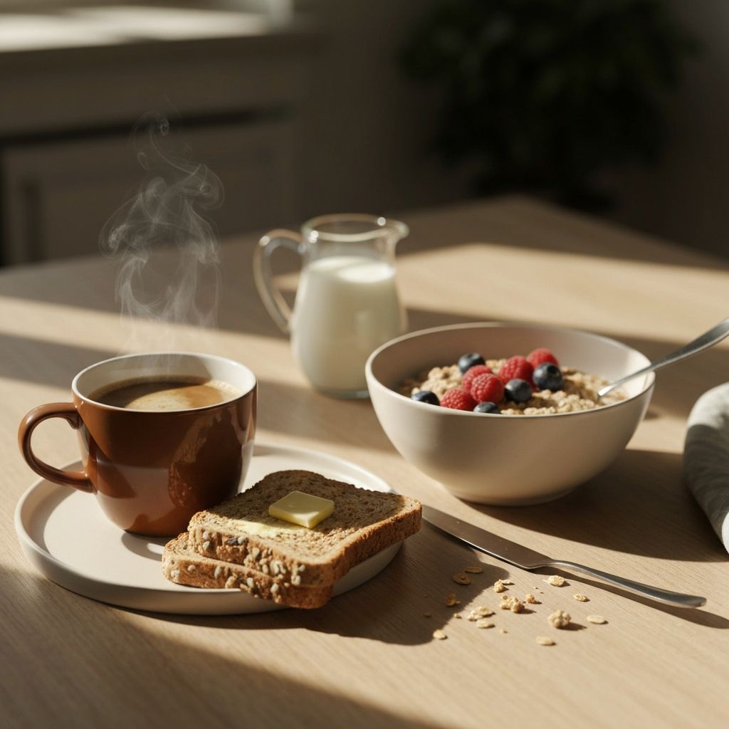 Morning breakfast table with oatmeal bowl, fresh berries, coffee, and whole grain toast