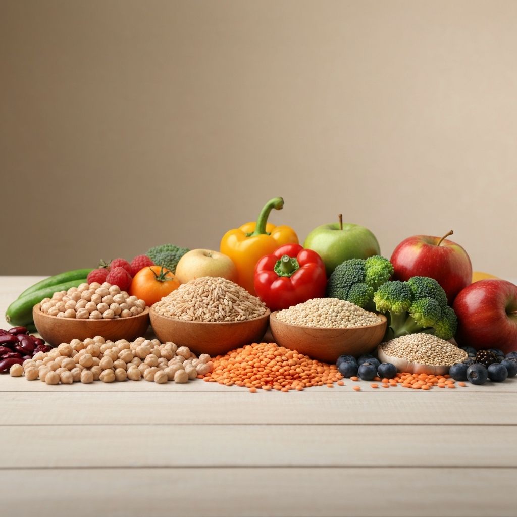 Collection of fiber-rich foods including beans, lentils, whole grains, vegetables and fruits