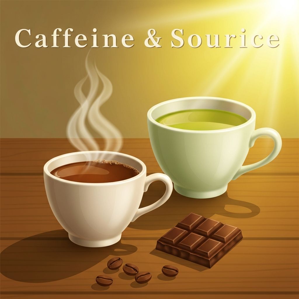 Daily caffeine sources including steaming coffee cup, green tea, dark chocolate, and scattered coffee beans