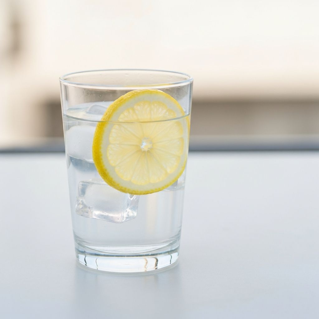 Clear glass of fresh water with ice and lemon slice on light background